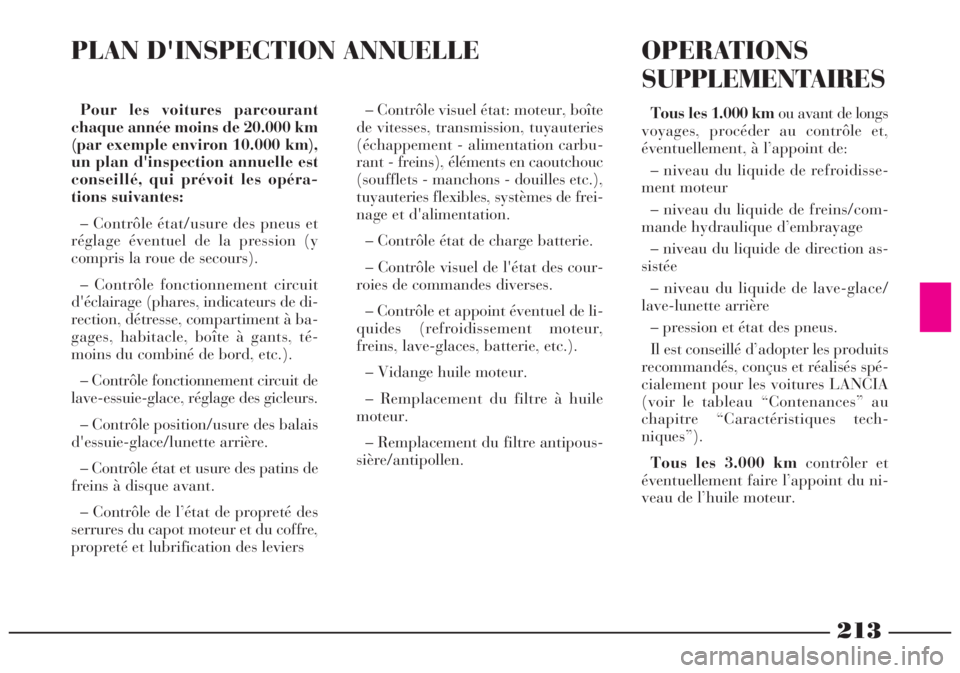 Lancia Lybra 2005  Notice dentretien (in French) 213
Pour les voitures parcourant
chaque année moins de 20.000 km
(par exemple environ 10.000 km),
un plan d'inspection annuelle est
conseillé, qui prévoit les opéra-
tions suivantes:
– Contr