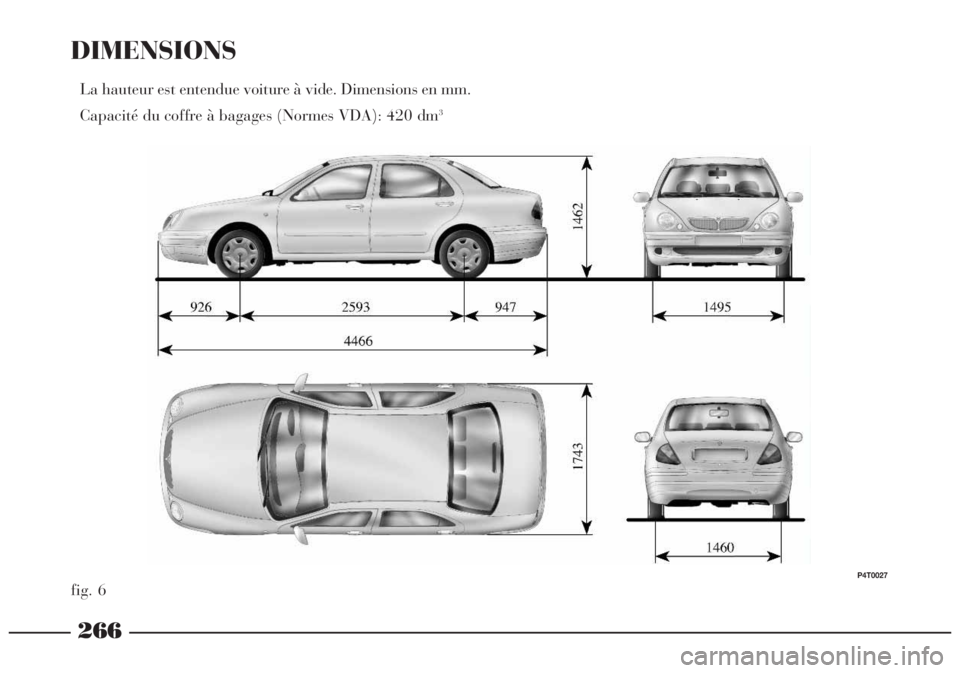 Lancia Lybra 2005  Notice dentretien (in French) 266
DIMENSIONS
La hauteur est entendue voiture à vide. Dimensions en mm.
Capacité du coffre à bagages (Normes VDA): 420 dm
3
fig. 6
P4T0027 
