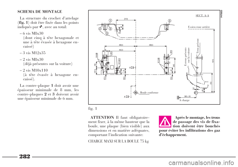 Lancia Lybra 2005  Notice dentretien (in French) 282
SCHEMA DE MONTAGE
La structure du crochet d'attelage
(fig. 1) doit être fixée dans les points
indiqués par Ø, avec au total:
– 6 vis M8x30
(dont cinq à tête hexagonale et
une à tête 