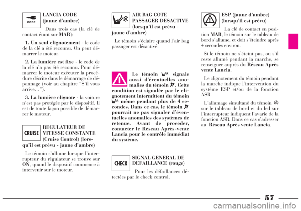 Lancia Lybra 2005  Notice dentretien (in French) 57
LANCIA CODE 
(jaune d’ambre)
Dans trois cas (la clé de
contact étant sur MAR):
1. Un seul clignotement- le code
de la clé a été reconnu. On peut dé-
marrer le moteur.
2. La lumière est fix