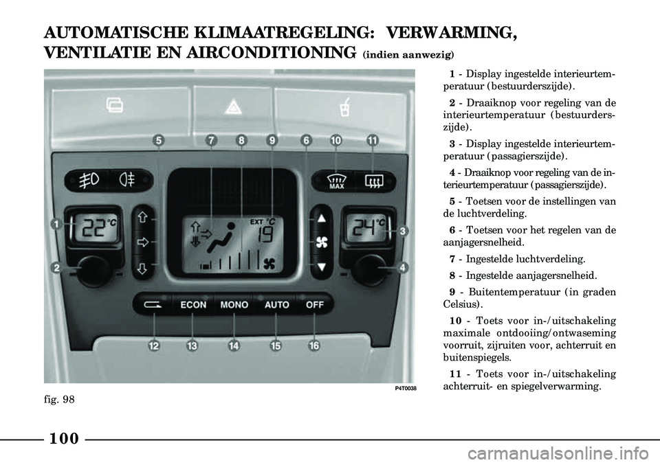 Lancia Lybra 2003  Instructieboek (in Dutch) 100
AUTOMATISCHE KLIMAATREGELING:  VERWARMING,
VENTILATIE EN AIRCONDITIONING 
(indien aanwezig)
fig. 98
P4T0038
1- Display ingestelde interieurtem-
peratuur (bestuurderszijde).
2 - Draaiknop voor rege