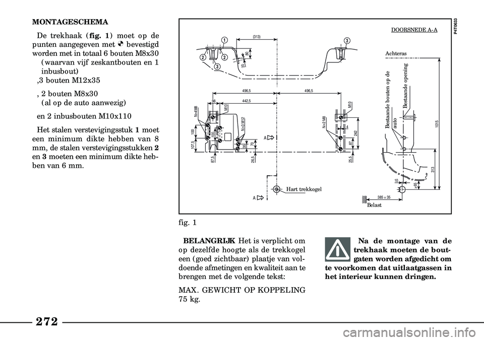 Lancia Lybra 2003  Instructieboek (in Dutch) MONTAGESCHEMADe trekhaak (fig. 1) moet op de
punten aangegeven met Ø bevestigd
worden met in totaal 6 bouten M8x30 (waarvan vijf zeskantbouten en 1
inbusbout)
,3 bouten M12x35
, 2 bouten M8x30 (al op