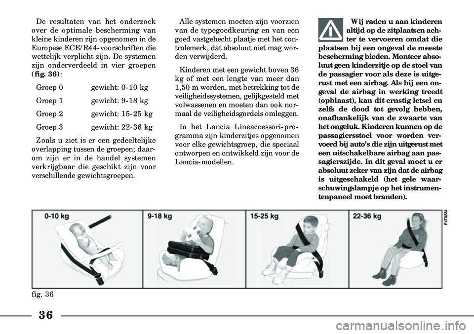 Lancia Lybra 2000  Instructieboek (in Dutch) 36
De resultaten van het onderzoek
over de optimale bescherming van
kleine kinderen zijn opgenomen in de
Europese ECE/R44-voorschriften die
wettelijk verplicht zijn. De systemen
zijn onderverdeeld in 