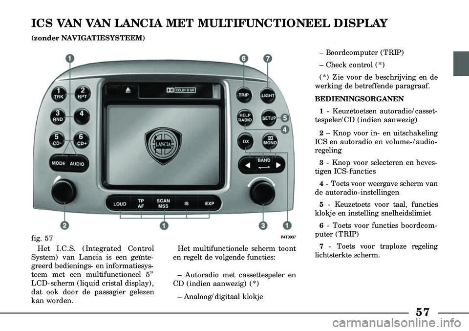 Lancia Lybra 2000  Instructieboek (in Dutch) 57
– Boordcomputer (TRIP)
– Check control (*)
(*) Zie voor de beschrijving en de
werking de betreffende paragraaf.
BEDIENINGSORGANEN 
1 - Keuzetoetsen autoradio/casset-
tespeler/CD (indien aanwezi