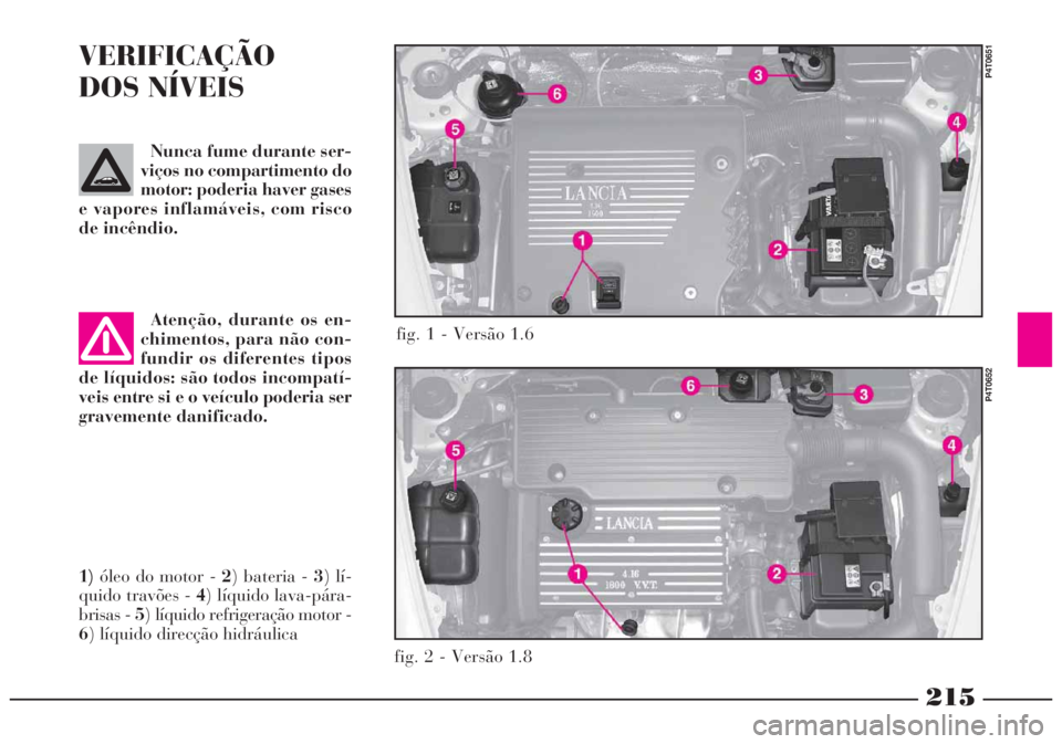 Lancia Lybra 2004 Manual de Uso e Manutenção (in Portuguese) 215
VERIFICAÇÃO
DOS NÍVEIS
1)óleo do motor - 2) bateria - 3) lí-
quido travões - 4) líquido lava-pára-
brisas - 5) líquido refrigeração motor -
6) líquido direcção hidráulica
fig. 1 - V Lancia Lybra 2004 Manual de Uso e Manutenção (in Portuguese) 215
VERIFICAÇÃO
DOS NÍVEIS
1)óleo do motor - 2) bateria - 3) lí-
quido travões - 4) líquido lava-pára-
brisas - 5) líquido refrigeração motor -
6) líquido direcção hidráulica
fig. 1 - V