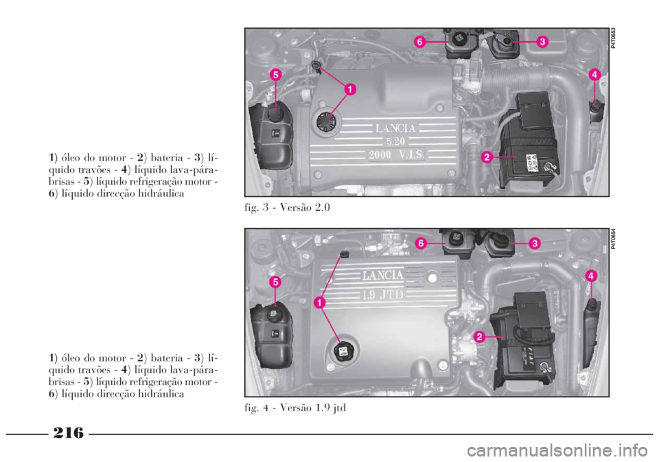 Lancia Lybra 2004 Manual de Uso e Manutenção (in Portuguese) 216
1)óleo do motor - 2) bateria - 3) lí-
quido travões - 4) líquido lava-pára-
brisas - 5) líquido refrigeração motor -
6) líquido direcção hidráulica
fig. 3 - Versão 2.0
P4T0653
1)óle Lancia Lybra 2004 Manual de Uso e Manutenção (in Portuguese) 216
1)óleo do motor - 2) bateria - 3) lí-
quido travões - 4) líquido lava-pára-
brisas - 5) líquido refrigeração motor -
6) líquido direcção hidráulica
fig. 3 - Versão 2.0
P4T0653
1)óle
