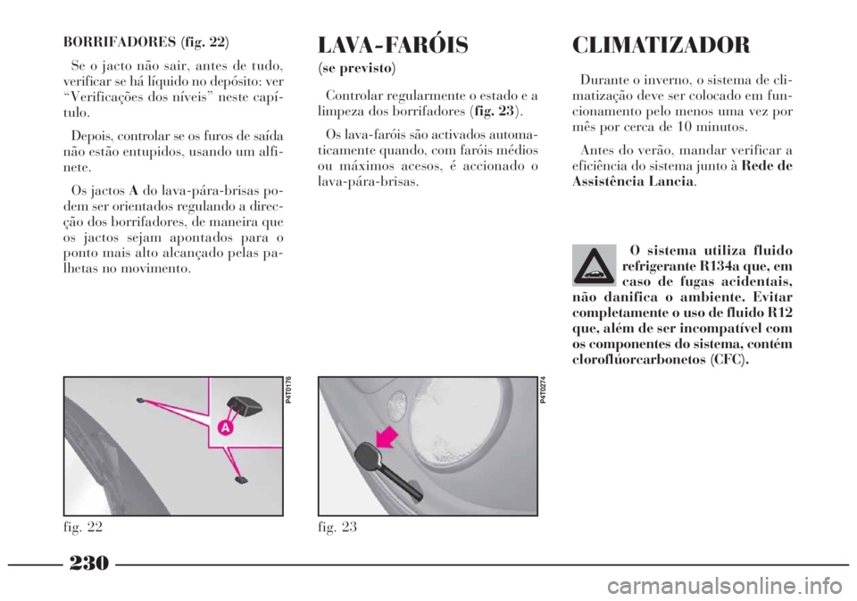 Lancia Lybra 2005  Manual de Uso e Manutenção (in Portuguese) 230
fig. 22
P4T0176
O sistema utiliza fluido
refrigerante R134a que, em
caso de fugas acidentais,
não danifica o ambiente. Evitar
completamente o uso de fluido R12
que, além de ser incompatível com