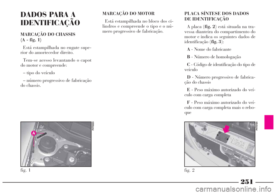 Lancia Lybra 2005 Manual de Uso e Manutenção (in Portuguese) 251
fig. 1
P4T0223
DADOS PARA A
IDENTIFICAÇÃO
MARCAÇÃO DO CHASSIS
(A - fig. 1)
Está estampilhada no engate supe-
rior do amortecedor direito.
Tem-se acesso levantando o capot
do motor e compreen Lancia Lybra 2005 Manual de Uso e Manutenção (in Portuguese) 251
fig. 1
P4T0223
DADOS PARA A
IDENTIFICAÇÃO
MARCAÇÃO DO CHASSIS
(A - fig. 1)
Está estampilhada no engate supe-
rior do amortecedor direito.
Tem-se acesso levantando o capot
do motor e compreen