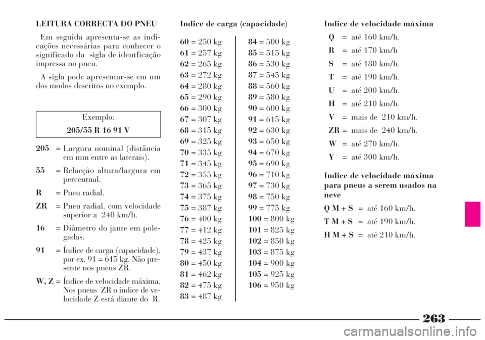 Lancia Lybra 2005 Manual de Uso e Manutenção (in Portuguese) 263
LEITURA CORRECTA DO PNEU
Em seguida apresenta-se as indi-
cações necessárias para conhecer o
significado da sigla de identficação
impressa no pneu.
A sigla pode apresentar-se em um
dos modo Lancia Lybra 2005 Manual de Uso e Manutenção (in Portuguese) 263
LEITURA CORRECTA DO PNEU
Em seguida apresenta-se as indi-
cações necessárias para conhecer o
significado da sigla de identficação
impressa no pneu.
A sigla pode apresentar-se em um
dos modo