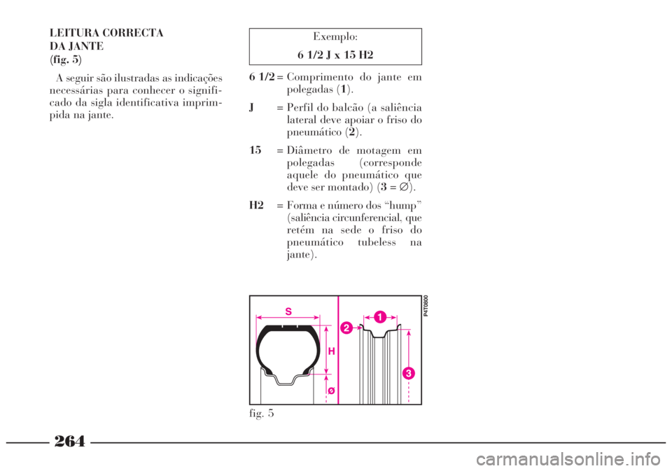 Lancia Lybra 2005 Manual de Uso e Manutenção (in Portuguese) 264
Exemplo:
6 1/2 J x 15 H2LEITURA CORRECTA
DA JANTE
(fig. 5)
A seguir são ilustradas as indicações
necessárias para conhecer o signifi-
cado da sigla identificativa imprim-
pida na jante.6 1/2= Lancia Lybra 2005 Manual de Uso e Manutenção (in Portuguese) 264
Exemplo:
6 1/2 J x 15 H2LEITURA CORRECTA
DA JANTE
(fig. 5)
A seguir são ilustradas as indicações
necessárias para conhecer o signifi-
cado da sigla identificativa imprim-
pida na jante.6 1/2=