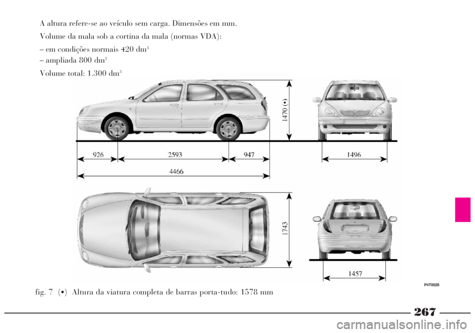 Lancia Lybra 2005 Manual de Uso e Manutenção (in Portuguese) 267
A altura refere-se ao veículo sem carga. Dimensões em mm.
Volume da mala sob a cortina da mala (normas VDA):
– em condições normais 420 dm
3
– ampliada 800 dm3
Volume total: 1.300 dm3
fig Lancia Lybra 2005 Manual de Uso e Manutenção (in Portuguese) 267
A altura refere-se ao veículo sem carga. Dimensões em mm.
Volume da mala sob a cortina da mala (normas VDA):
– em condições normais 420 dm
3
– ampliada 800 dm3
Volume total: 1.300 dm3
fig