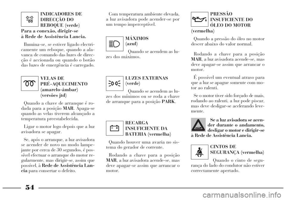 Lancia Lybra 2005 Manual de Uso e Manutenção (in Portuguese) 54
CINTOS DE
SEGURANÇA (vermelha)
Quando o cinto de segu-
rança do lado do condutor não estiver
correctamente apertado.
<
PRESSÃO
INSUFICIENTE DO
ÓLEO DO MOTOR
(vermelha)
Quando a pressão do ó Lancia Lybra 2005 Manual de Uso e Manutenção (in Portuguese) 54
CINTOS DE
SEGURANÇA (vermelha)
Quando o cinto de segu-
rança do lado do condutor não estiver
correctamente apertado.
<
PRESSÃO
INSUFICIENTE DO
ÓLEO DO MOTOR
(vermelha)
Quando a pressão do ó