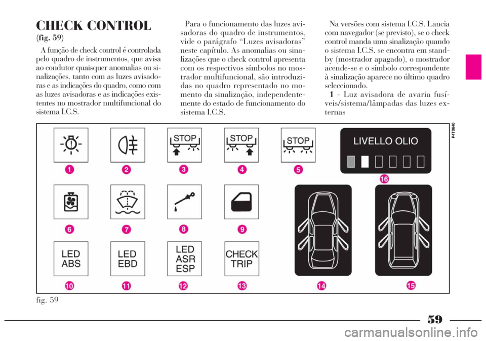 Lancia Lybra 2005 Manual de Uso e Manutenção (in Portuguese) 59
CHECK CONTROL
(fig. 59)
A função de check control é controlada
pelo quadro de instrumentos, que avisa
ao condutor quaisquer anomalias ou si-
nalizações, tanto com as luzes avisado-
ras e as in Lancia Lybra 2005 Manual de Uso e Manutenção (in Portuguese) 59
CHECK CONTROL
(fig. 59)
A função de check control é controlada
pelo quadro de instrumentos, que avisa
ao condutor quaisquer anomalias ou si-
nalizações, tanto com as luzes avisado-
ras e as in