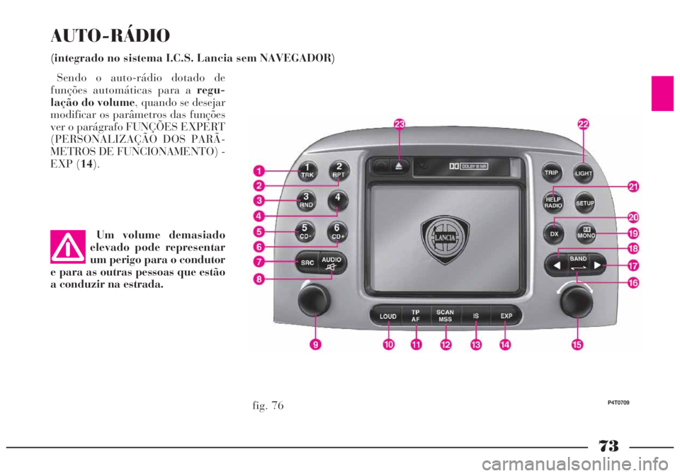 Lancia Lybra 2004 Manual de Uso e Manutenção (in Portuguese) 73
AUTO-RÁDIO
(integrado no sistema I.C.S. Lancia sem NAVEGADOR)
fig. 76
P4T0709
Sendo o auto-rádio dotado de
funções automáticas para a regu-
lação do volume, quando se desejar
modificar os p Lancia Lybra 2004 Manual de Uso e Manutenção (in Portuguese) 73
AUTO-RÁDIO
(integrado no sistema I.C.S. Lancia sem NAVEGADOR)
fig. 76
P4T0709
Sendo o auto-rádio dotado de
funções automáticas para a regu-
lação do volume, quando se desejar
modificar os p
