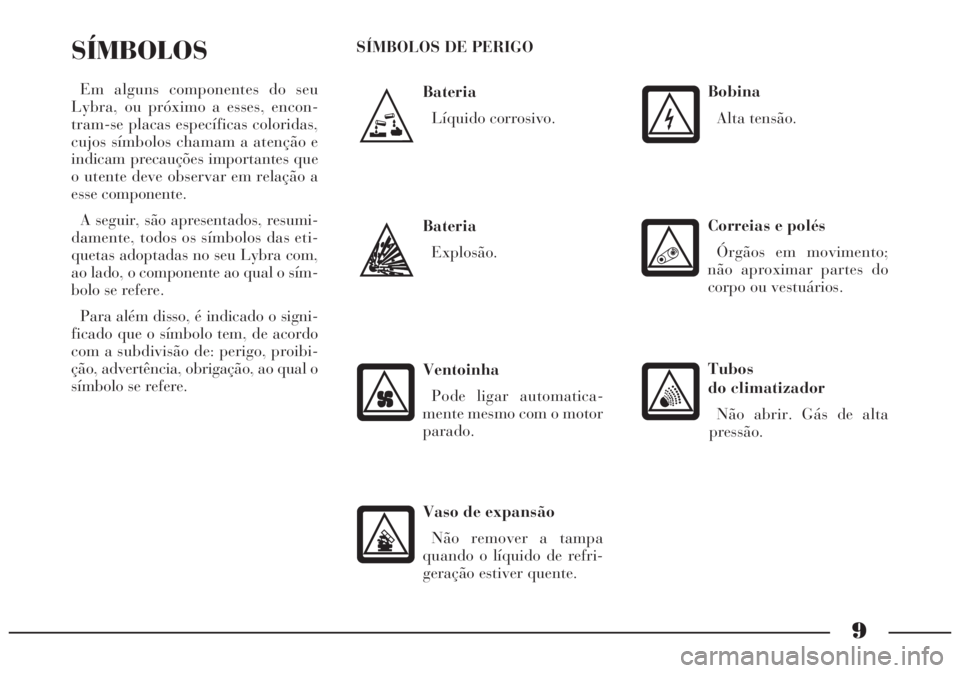 Lancia Lybra 2004  Manual de Uso e Manutenção (in Portuguese) 9
Bateria
Líquido corrosivo.
SÍMBOLOS
Em alguns componentes do seu
Lybra, ou próximo a esses, encon-
tram-se placas específicas coloridas,
cujos símbolos chamam a atenção e
indicam precauções