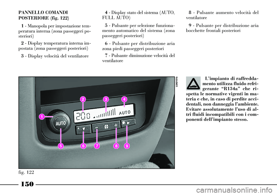 Lancia Thesis 2007  Libretto Uso Manutenzione (in Italian) 150
L’impianto di raffredda-
mento utilizza fluido refri-
gerante “R134a” che ri-
spetta le normative vigenti in ma-
teria e che, in caso di perdite acci-
dentali, non danneggia l’ambiente.
Ev