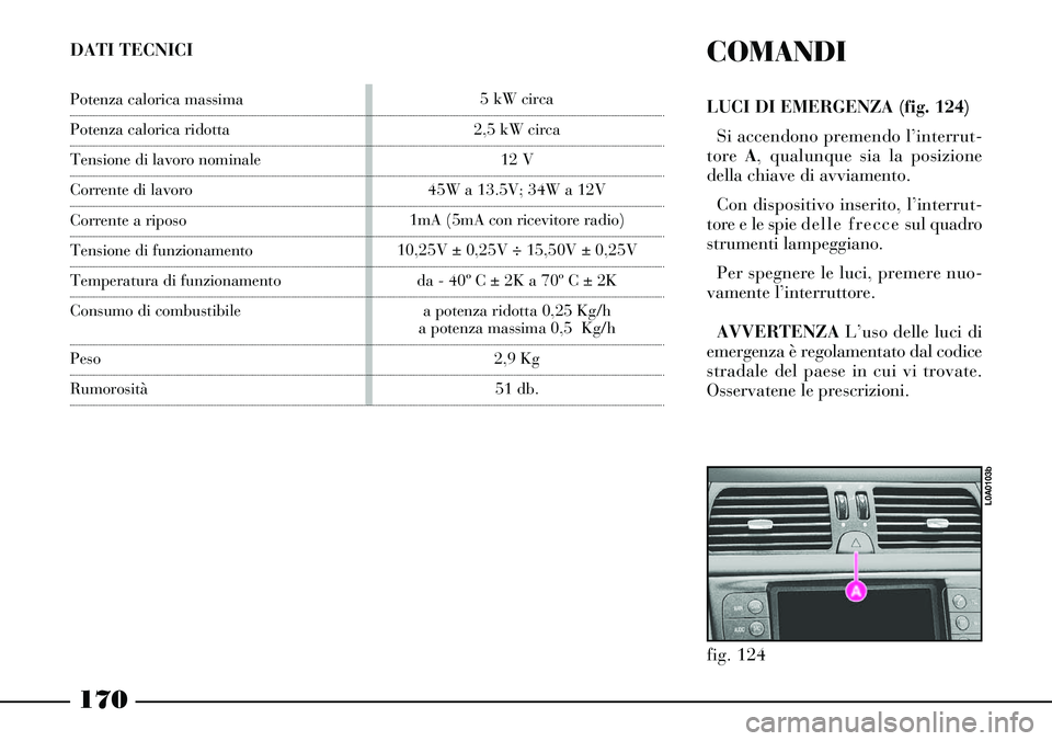 Lancia Thesis 2007 Libretto Uso Manutenzione (in Italian) 170
COMANDI
LUCI DI EMERGENZA (fig. 124)
Si accendono premendo l’interrut-
tore A, qualunque sia la posizione
della chiave di avviamento.
Con dispositivo inserito, l’interrut-
tore e le spie delle Lancia Thesis 2007 Libretto Uso Manutenzione (in Italian) 170
COMANDI
LUCI DI EMERGENZA (fig. 124)
Si accendono premendo l’interrut-
tore A, qualunque sia la posizione
della chiave di avviamento.
Con dispositivo inserito, l’interrut-
tore e le spie delle