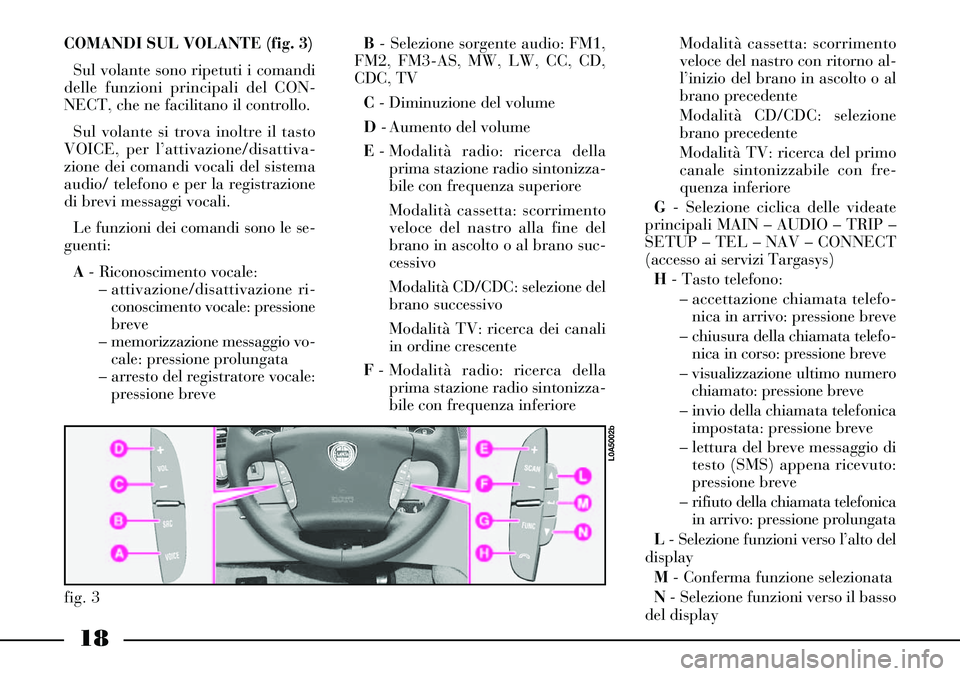 Lancia Thesis 2006 Libretto Uso Manutenzione (in Italian) 18
COMANDI SUL VOLANTE (fig. 3)
Sul volante sono ripetuti i comandi
delle funzioni principali del CON-
NECT, che ne facilitano il controllo.
Sul volante si trova inoltre il tasto
VOICE, per l’atti Lancia Thesis 2006 Libretto Uso Manutenzione (in Italian) 18
COMANDI SUL VOLANTE (fig. 3)
Sul volante sono ripetuti i comandi
delle funzioni principali del CON-
NECT, che ne facilitano il controllo.
Sul volante si trova inoltre il tasto
VOICE, per l’atti