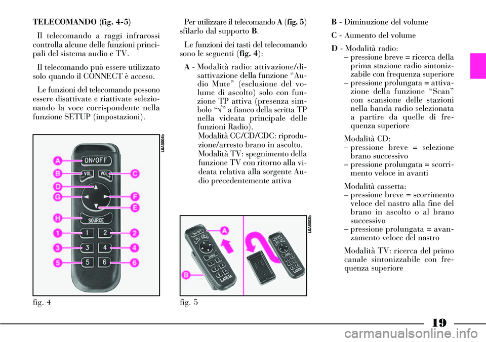 Lancia Thesis 2006 Libretto Uso Manutenzione (in Italian) TELECOMANDO (fig. 4-5)
Il telecomando a raggi infrarossi
controlla alcune delle funzioni princi-
pali del sistema audio e TV.
Il telecomando può essere utilizzato
solo quando il CONNECT è acceso.
L Lancia Thesis 2006 Libretto Uso Manutenzione (in Italian) TELECOMANDO (fig. 4-5)
Il telecomando a raggi infrarossi
controlla alcune delle funzioni princi-
pali del sistema audio e TV.
Il telecomando può essere utilizzato
solo quando il CONNECT è acceso.
L