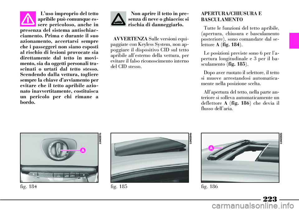 Lancia Thesis 2007  Libretto Uso Manutenzione (in Italian) 223
L’uso improprio del tetto
apribile può comunque es-
sere pericoloso, anche in
presenza del sistema antischiac-
ciamento. Prima e durante il suo
azionamento, accertarsi sempre
che i passeggeri n