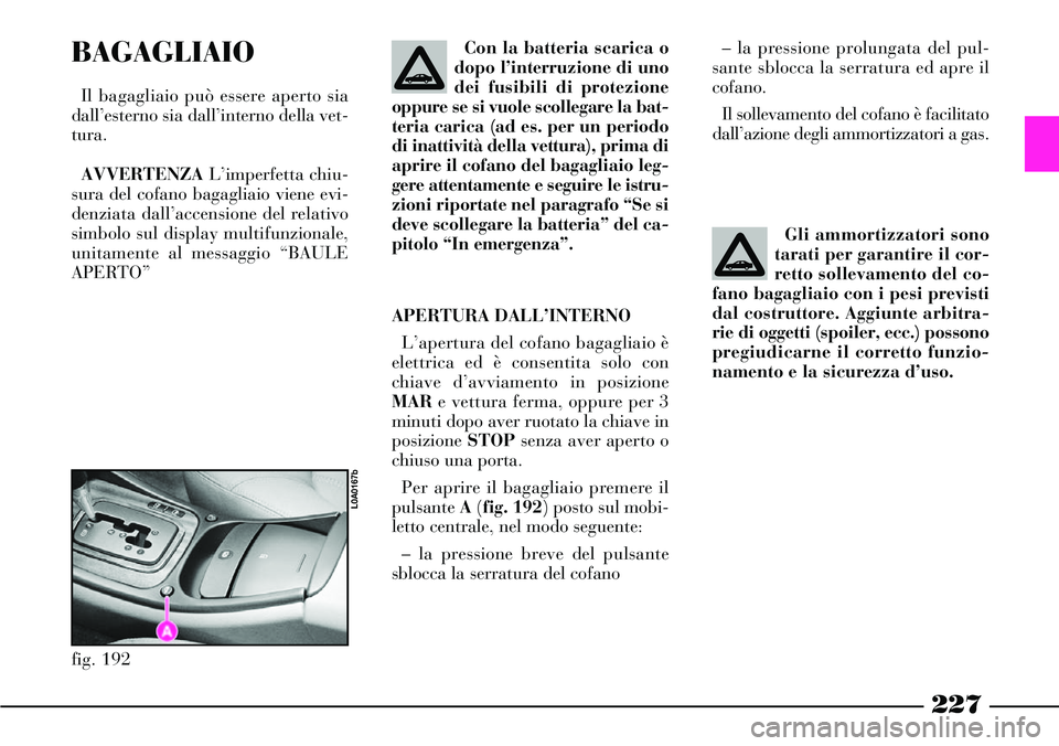 Lancia Thesis 2007  Libretto Uso Manutenzione (in Italian) 227
BAGAGLIAIO
Il bagagliaio può essere aperto sia
dall’esterno sia dall’interno della vet-
tura.
AVVERTENZAL’imperfetta chiu-
sura del cofano bagagliaio viene evi-
denziata dall’accensione d