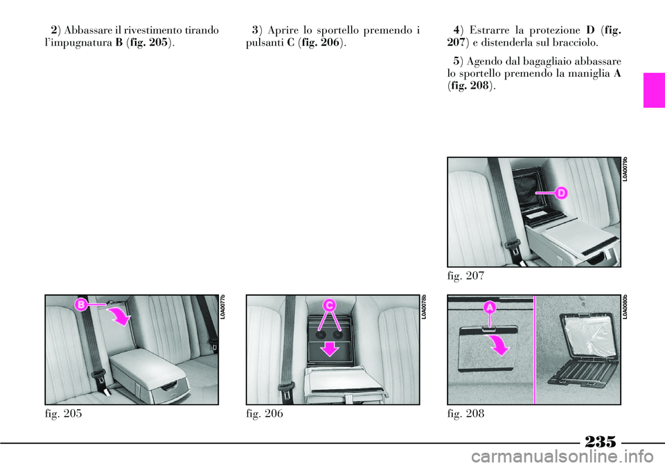Lancia Thesis 2007  Libretto Uso Manutenzione (in Italian) 235
2) Abbassare il rivestimento tirando
l’impugnatura B (fig. 205). 3) Aprire lo sportello premendo i
pulsanti C (fig. 206).4) Estrarre la protezione D (fig.
207) e distenderla sul bracciolo.
5) Ag