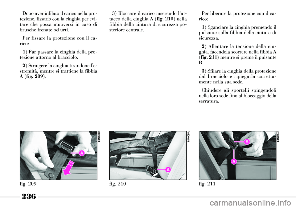 Lancia Thesis 2007  Libretto Uso Manutenzione (in Italian) 236
fig. 211
L0A0094b
Dopo aver infilato il carico nella pro-
tezione, fissarlo con la cinghia per evi-
tare che possa muoversi in caso di
brusche frenate od urti.
Per fissare la protezione con il ca-