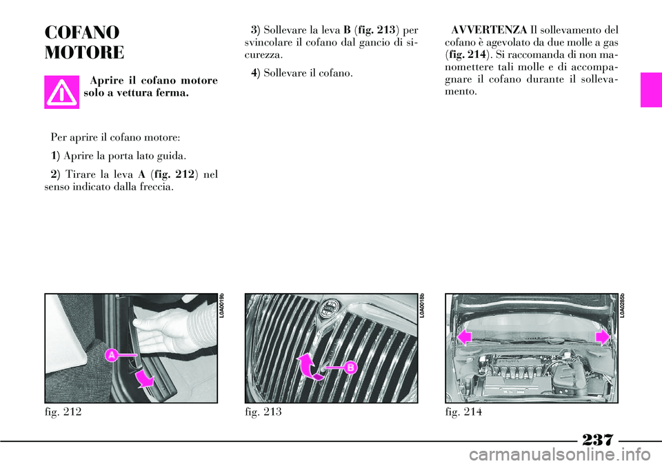 Lancia Thesis 2007  Libretto Uso Manutenzione (in Italian) 237
COFANO 
MOTORE
Aprire il cofano motore
solo a vettura ferma.
Per aprire il cofano motore:
1)Aprire la porta lato guida.
2)Tirare la leva A(fig. 212) nel
senso indicato dalla freccia.3)Sollevare la