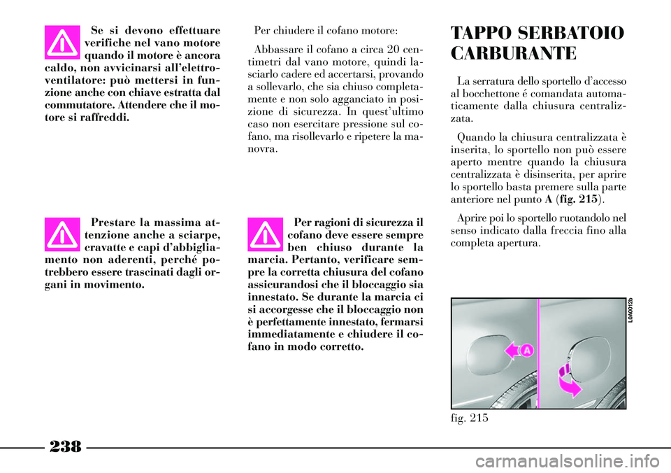 Lancia Thesis 2007  Libretto Uso Manutenzione (in Italian) 238
Se si devono effettuare
verifiche nel vano motore
quando il motore è ancora
caldo, non avvicinarsi all’elettro-
ventilatore: può mettersi in fun-
zione anche con chiave estratta dal
commutator