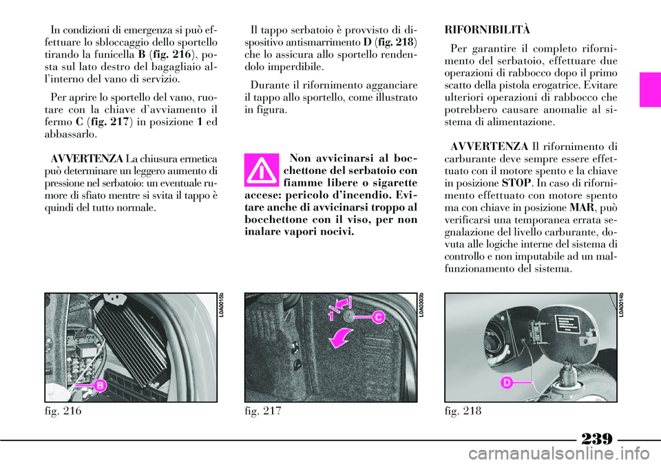 Lancia Thesis 2007  Libretto Uso Manutenzione (in Italian) 239
In condizioni di emergenza si può ef-
fettuare lo sbloccaggio dello sportello
tirando la funicella B(fig. 216), po-
sta sul lato destro del bagagliaio al-
l’interno del vano di servizio. 
Per a