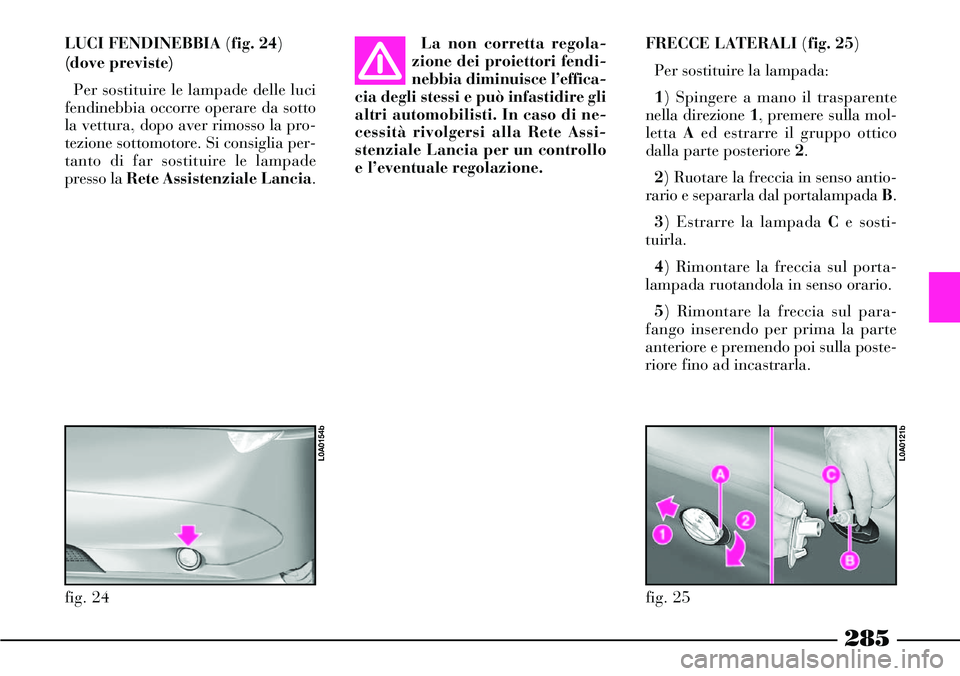 Lancia Thesis 2007 Libretto Uso Manutenzione (in Italian) 285
FRECCE LATERALI (fig. 25)
Per sostituire la lampada:
1) Spingere a mano il trasparente
nella direzione 1, premere sulla mol-
letta Aed estrarre il gruppo ottico
dalla parte posteriore 2.
2) Ruotar Lancia Thesis 2007 Libretto Uso Manutenzione (in Italian) 285
FRECCE LATERALI (fig. 25)
Per sostituire la lampada:
1) Spingere a mano il trasparente
nella direzione 1, premere sulla mol-
letta Aed estrarre il gruppo ottico
dalla parte posteriore 2.
2) Ruotar