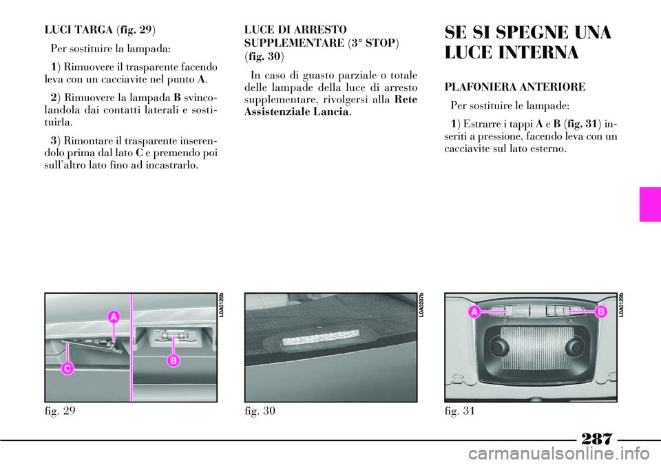 Lancia Thesis 2007 Libretto Uso Manutenzione (in Italian) 287
LUCI TARGA (fig. 29)
Per sostituire la lampada:
1) Rimuovere il trasparente facendo
leva con un cacciavite nel punto A.
2) Rimuovere la lampada Bsvinco-
landola dai contatti laterali e sosti-
tui Lancia Thesis 2007 Libretto Uso Manutenzione (in Italian) 287
LUCI TARGA (fig. 29)
Per sostituire la lampada:
1) Rimuovere il trasparente facendo
leva con un cacciavite nel punto A.
2) Rimuovere la lampada Bsvinco-
landola dai contatti laterali e sosti-
tui