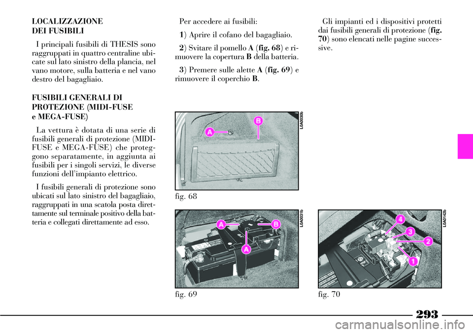Lancia Thesis 2007  Libretto Uso Manutenzione (in Italian) 293
LOCALIZZAZIONE 
DEI FUSIBILI
I principali fusibili di THESIS sono
raggruppati in quattro centraline ubi-
cate sul lato sinistro della plancia, nel
vano motore, sulla batteria e nel vano
destro del
