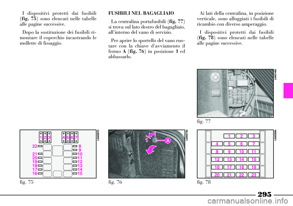 Lancia Thesis 2007  Libretto Uso Manutenzione (in Italian) 295
I dispositivi protetti dai fusibili 
(fig. 75) sono elencati nelle tabelle
alle pagine successive.
Dopo la sostituzione dei fusibili ri-
montare il coperchio incastrando le
mollette di fissaggio.F