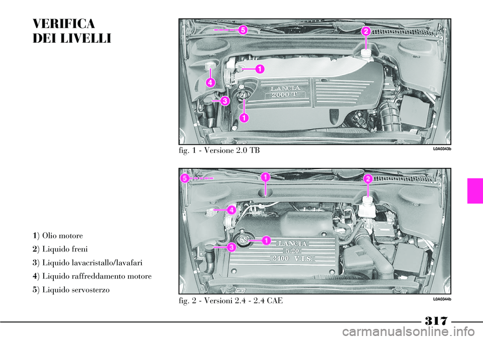 Lancia Thesis 2007 Libretto Uso Manutenzione (in Italian) 317
VERIFICA
DEI LIVELLI
1) Olio motore
2) Liquido freni
3) Liquido lavacristallo/lavafari
4) Liquido raffreddamento motore
5) Liquido servosterzofig. 1 - Versione 2.0 TB
L0A0343b
fig. 2 - Versio Lancia Thesis 2007 Libretto Uso Manutenzione (in Italian) 317
VERIFICA
DEI LIVELLI
1) Olio motore
2) Liquido freni
3) Liquido lavacristallo/lavafari
4) Liquido raffreddamento motore
5) Liquido servosterzofig. 1 - Versione 2.0 TB
L0A0343b
fig. 2 - Versio