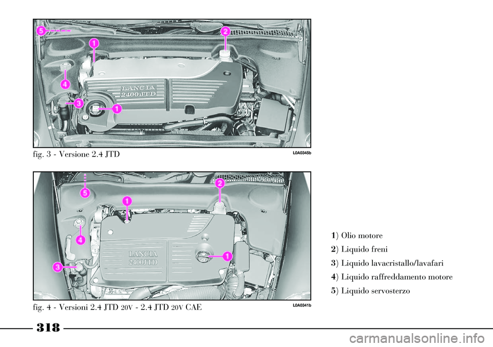 Lancia Thesis 2007 Libretto Uso Manutenzione (in Italian) 318
1) Olio motore
2) Liquido freni
3) Liquido lavacristallo/lavafari
4) Liquido raffreddamento motore
5) Liquido servosterzo
L0A0345bfig. 3 - Versione 2.4 JTD
L0A0341bfig. 4 - Versioni 2.4 JTD 20 Lancia Thesis 2007 Libretto Uso Manutenzione (in Italian) 318
1) Olio motore
2) Liquido freni
3) Liquido lavacristallo/lavafari
4) Liquido raffreddamento motore
5) Liquido servosterzo
L0A0345bfig. 3 - Versione 2.4 JTD
L0A0341bfig. 4 - Versioni 2.4 JTD 20