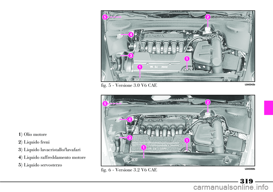 Lancia Thesis 2007 Libretto Uso Manutenzione (in Italian) 319
1) Olio motore
2) Liquido freni
3) Liquido lavacristallo/lavafari
4) Liquido raffreddamento motore
5) Liquido servosterzo
L0A0342b
L0A0358b
fig. 5 - Versione 3.0 V6 CAE
fig. 6 - Versione 3.2 V6 Lancia Thesis 2007 Libretto Uso Manutenzione (in Italian) 319
1) Olio motore
2) Liquido freni
3) Liquido lavacristallo/lavafari
4) Liquido raffreddamento motore
5) Liquido servosterzo
L0A0342b
L0A0358b
fig. 5 - Versione 3.0 V6 CAE
fig. 6 - Versione 3.2 V6