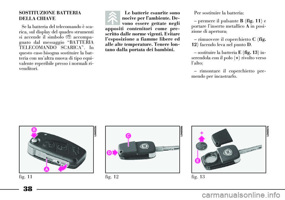 Lancia Thesis 2006 Libretto Uso Manutenzione (in Italian) 38
SOSTITUZIONE BATTERIA
DELLA CHIAVE
Se la batteria del telecomando è sca-
rica, sul display del quadro strumenti
si accende il simbolo Yaccompa-
gnato dal messaggio “BATTERIA
TELECOMANDO SCARICA Lancia Thesis 2006 Libretto Uso Manutenzione (in Italian) 38
SOSTITUZIONE BATTERIA
DELLA CHIAVE
Se la batteria del telecomando è sca-
rica, sul display del quadro strumenti
si accende il simbolo Yaccompa-
gnato dal messaggio “BATTERIA
TELECOMANDO SCARICA
