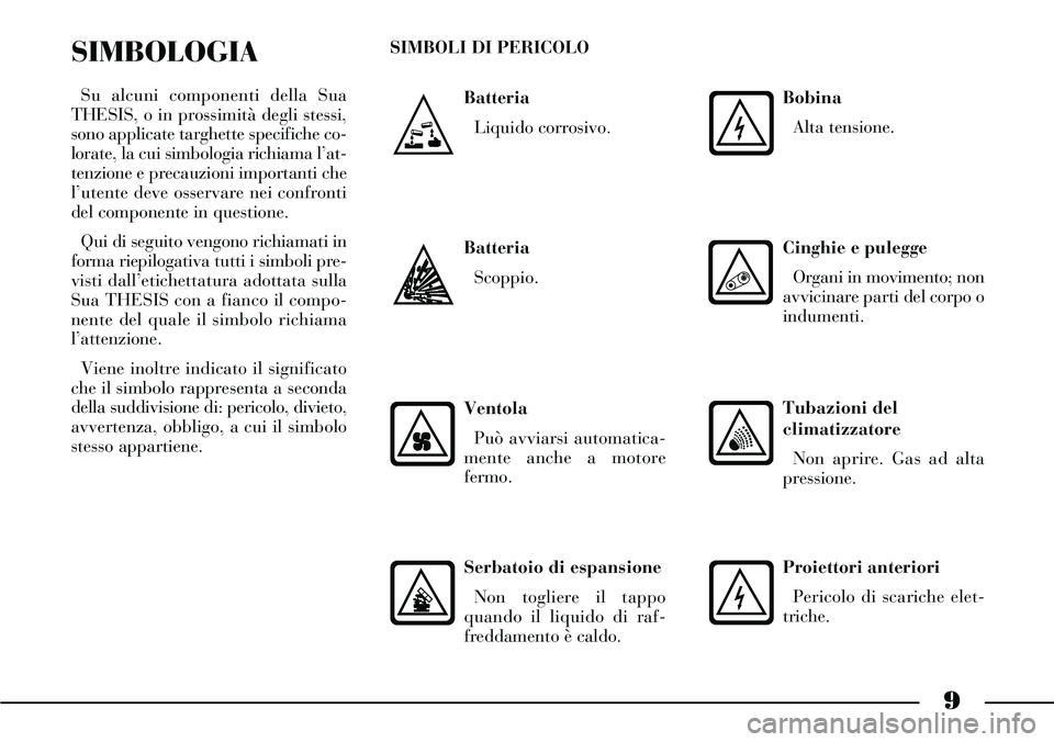 Lancia Thesis 2006 Libretto Uso Manutenzione (in Italian) 9
Batteria
Liquido corrosivo.
SIMBOLOGIA
Su alcuni componenti della Sua
THESIS, o in prossimità degli stessi,
sono applicate targhette specifiche co-
lorate, la cui simbologia richiama l’at-
tenzio Lancia Thesis 2006 Libretto Uso Manutenzione (in Italian) 9
Batteria
Liquido corrosivo.
SIMBOLOGIA
Su alcuni componenti della Sua
THESIS, o in prossimità degli stessi,
sono applicate targhette specifiche co-
lorate, la cui simbologia richiama l’at-
tenzio