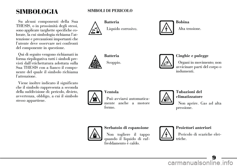 Lancia Thesis 2006  Libretto Uso Manutenzione (in Italian) 9
Batteria
Liquido corrosivo.
SIMBOLOGIA
Su alcuni componenti della Sua
THESIS, o in prossimità degli stessi,
sono applicate targhette specifiche co-
lorate, la cui simbologia richiama l’at-
tenzio