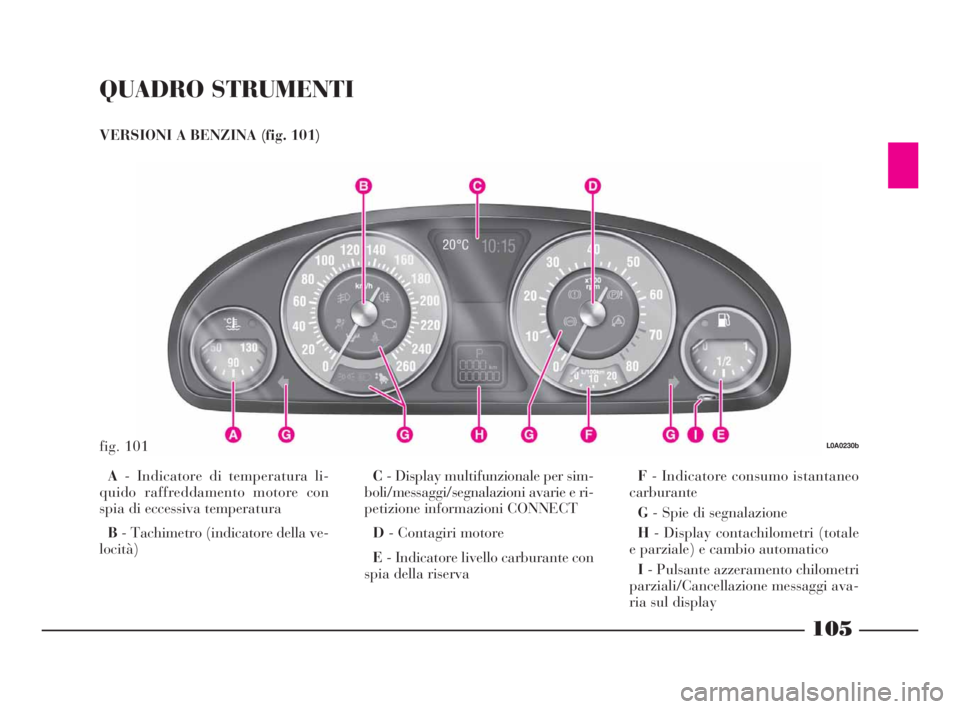 Lancia Thesis 2008 Libretto Uso Manutenzione (in Italian) QUADRO STRUMENTI
VERSIONI A BENZINA (fig. 101)
A- Indicatore di temperatura li-
quido raffreddamento motore con
spia di eccessiva temperatura
B- Tachimetro (indicatore della ve-
locità)C- Display mu Lancia Thesis 2008 Libretto Uso Manutenzione (in Italian) QUADRO STRUMENTI
VERSIONI A BENZINA (fig. 101)
A- Indicatore di temperatura li-
quido raffreddamento motore con
spia di eccessiva temperatura
B- Tachimetro (indicatore della ve-
locità)C- Display mu