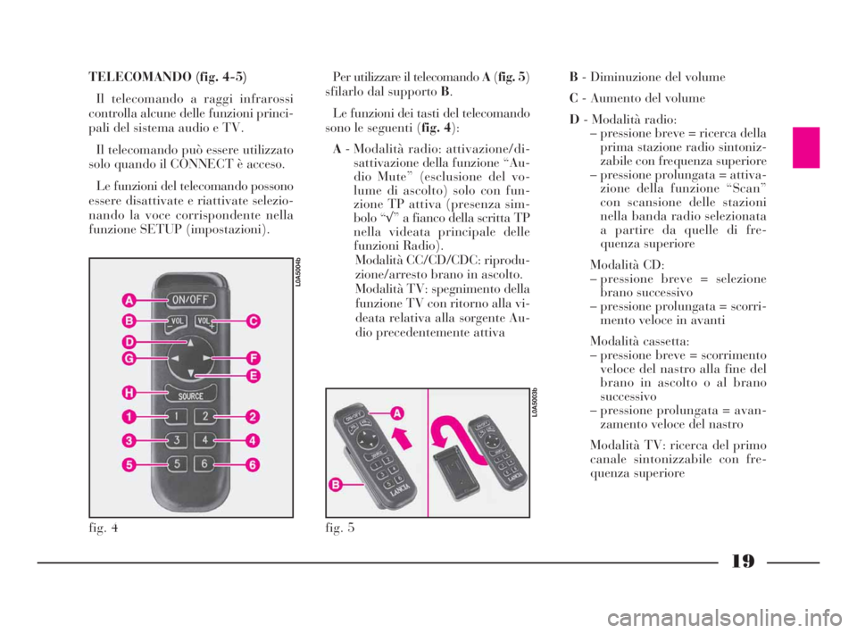 Lancia Thesis 2008 Libretto Uso Manutenzione (in Italian) TELECOMANDO (fig. 4-5)
Il telecomando a raggi infrarossi
controlla alcune delle funzioni princi-
pali del sistema audio e TV.
Il telecomando può essere utilizzato
solo quando il CONNECT è acceso.
L Lancia Thesis 2008 Libretto Uso Manutenzione (in Italian) TELECOMANDO (fig. 4-5)
Il telecomando a raggi infrarossi
controlla alcune delle funzioni princi-
pali del sistema audio e TV.
Il telecomando può essere utilizzato
solo quando il CONNECT è acceso.
L