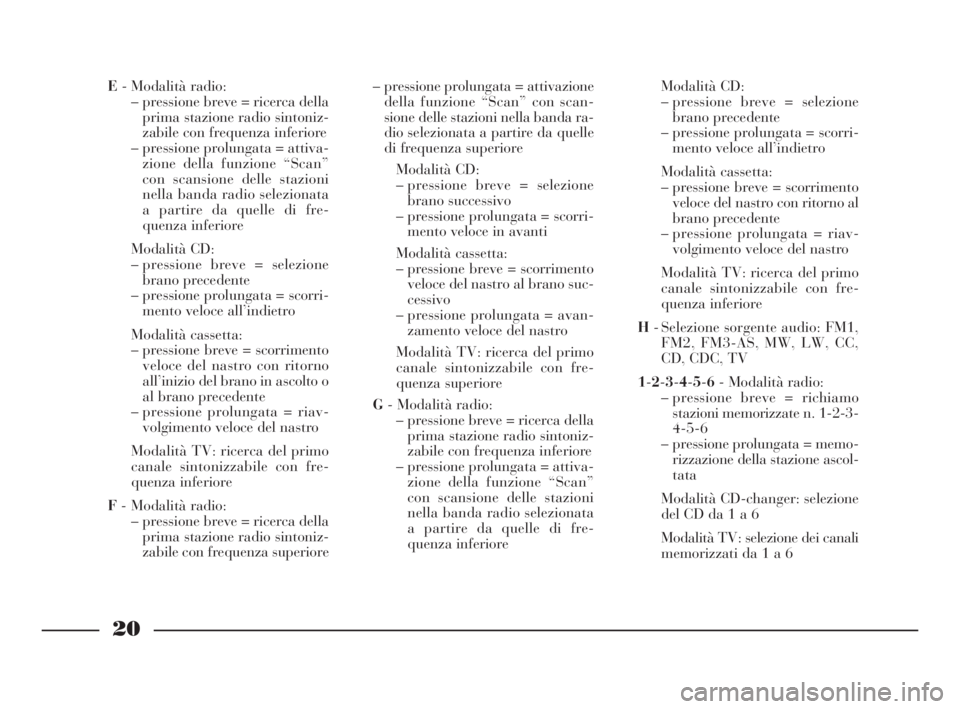 Lancia Thesis 2009  Libretto Uso Manutenzione (in Italian) 20
E- Modalità radio:
– pressione breve = ricerca della
prima stazione radio sintoniz-
zabile con frequenza inferiore
– pressione prolungata = attiva-
zione della funzione “Scan”
con scansion