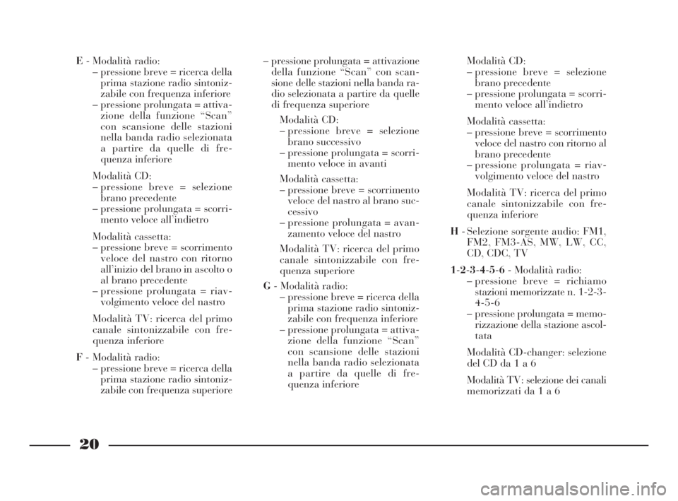 Lancia Thesis 2008 Libretto Uso Manutenzione (in Italian) 20
E- Modalità radio:
– pressione breve = ricerca della
prima stazione radio sintoniz-
zabile con frequenza inferiore
– pressione prolungata = attiva-
zione della funzione “Scan”
con scansion Lancia Thesis 2008 Libretto Uso Manutenzione (in Italian) 20
E- Modalità radio:
– pressione breve = ricerca della
prima stazione radio sintoniz-
zabile con frequenza inferiore
– pressione prolungata = attiva-
zione della funzione “Scan”
con scansion