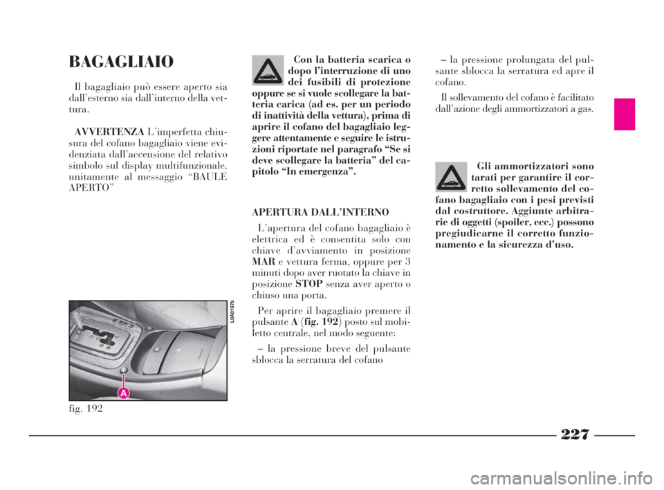 Lancia Thesis 2008  Libretto Uso Manutenzione (in Italian) 227
BAGAGLIAIO
Il bagagliaio può essere aperto sia
dall’esterno sia dall’interno della vet-
tura.
AVVERTENZAL’imperfetta chiu-
sura del cofano bagagliaio viene evi-
denziata dall’accensione d