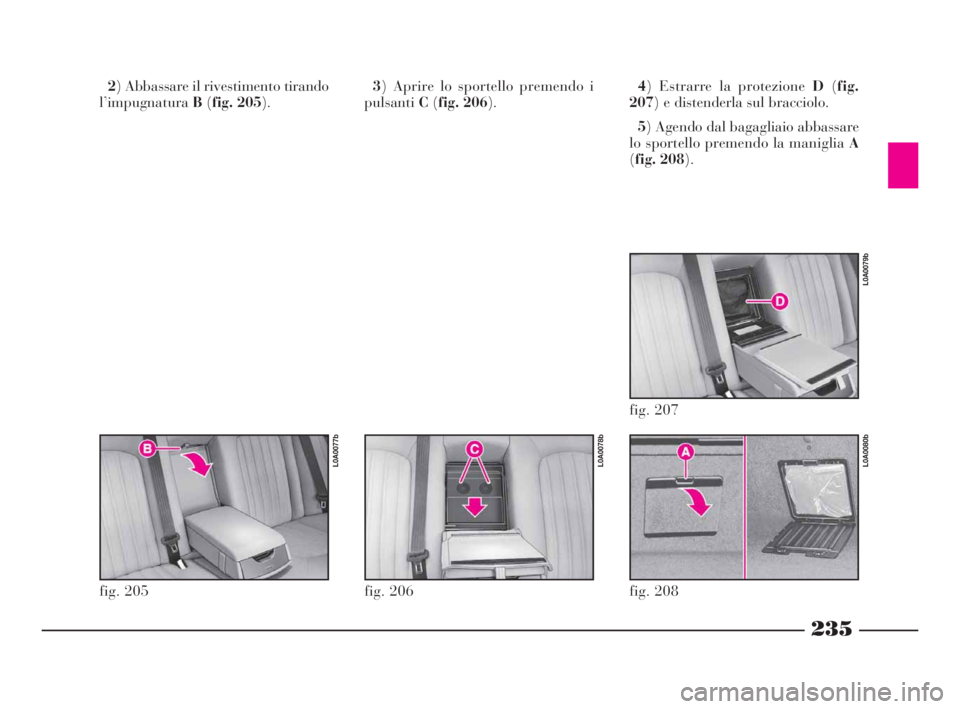 Lancia Thesis 2008 Libretto Uso Manutenzione (in Italian) 235
2) Abbassare il rivestimento tirando
l’impugnaturaB(fig. 205).3) Aprire lo sportello premendo i
pulsantiC(fig. 206).4) Estrarre la protezione D(fig.
207) e distenderla sul bracciolo.
5) Agendo d Lancia Thesis 2008 Libretto Uso Manutenzione (in Italian) 235
2) Abbassare il rivestimento tirando
l’impugnaturaB(fig. 205).3) Aprire lo sportello premendo i
pulsantiC(fig. 206).4) Estrarre la protezione D(fig.
207) e distenderla sul bracciolo.
5) Agendo d