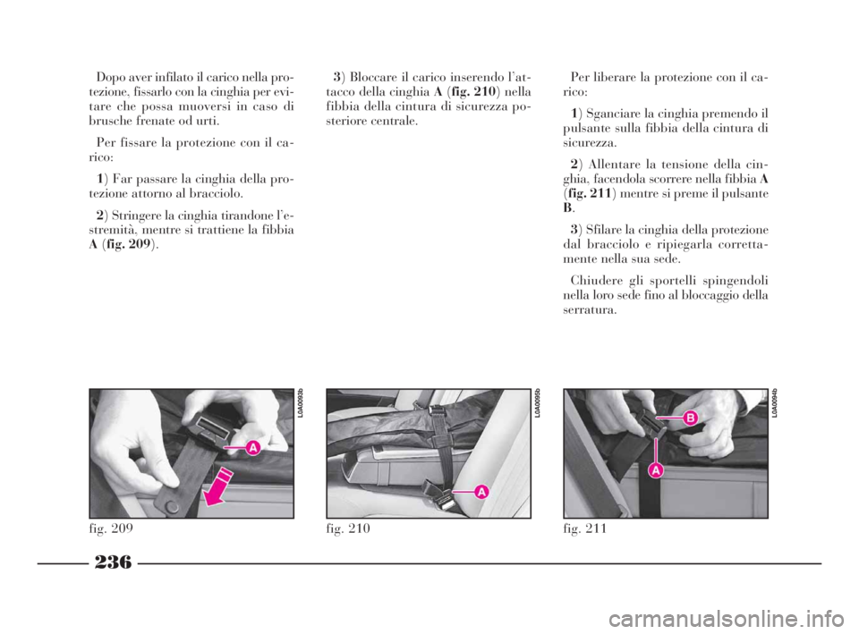 Lancia Thesis 2008 Libretto Uso Manutenzione (in Italian) 236
fig. 211
L0A0094b
Dopo aver infilato il carico nella pro-
tezione, fissarlo con la cinghia per evi-
tare che possa muoversi in caso di
brusche frenate od urti.
Per fissare la protezione con il ca- Lancia Thesis 2008 Libretto Uso Manutenzione (in Italian) 236
fig. 211
L0A0094b
Dopo aver infilato il carico nella pro-
tezione, fissarlo con la cinghia per evi-
tare che possa muoversi in caso di
brusche frenate od urti.
Per fissare la protezione con il ca-