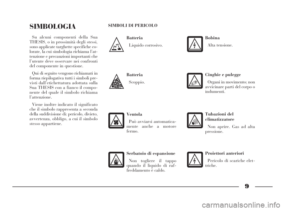 Lancia Thesis 2008  Libretto Uso Manutenzione (in Italian) 9
Batteria
Liquido corrosivo.
SIMBOLOGIA
Su alcuni componenti della Sua
THESIS, o in prossimità degli stessi,
sono applicate targhette specifiche co-
lorate, la cui simbologia richiama l’at-
tenzio