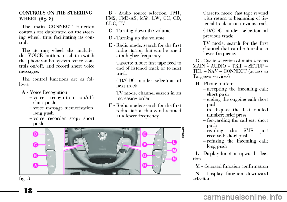 Lancia Thesis 2006  Owner handbook (in English) 18
CONTROLS ON THE STEERING
WHEEL (fig. 3) 
The main CONNECT function
controls are duplicated on the steer-
ing wheel, thus facilitating its con-
trol. 
The steering wheel also includes
the VOICE butt