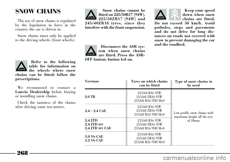 Lancia Thesis 2006  Owner handbook (in English) 268
Snow chains cannot be
fitted on 225/50R17 (94W),
225/50ZR17 (94W) and
245/40ZR18 tyres, since they
interfere with the front suspension.Keep your speed
down when snow
chains are fitted.
Do not exce